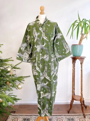 Pure Cotton Handprinted House Robe Summer Kimono Floral Beach Coverup Nature Goddess Forest Dark Olive Green Animal Totem Tiger Monkey Deer - Image 5