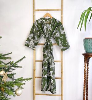 Pure Cotton Handprinted House Robe Summer Kimono Floral Beach Coverup Nature Goddess Forest Dark Olive Green Animal Totem Tiger Monkey Deer - Image 6