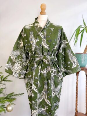 Pure Cotton Handprinted House Robe Summer Kimono Floral Beach Coverup Nature Goddess Forest Dark Olive Green Animal Totem Tiger Monkey Deer - Image 7