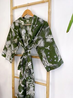 Pure Cotton Handprinted House Robe Summer Kimono Floral Beach Coverup Nature Goddess Forest Dark Olive Green Animal Totem Tiger Monkey Deer - Image 8