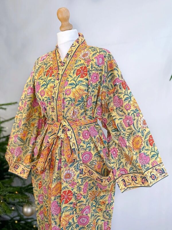 Pure Cotton Handprinted House Robe Botanical Kimono - Gardenia Floral Bloom l Beach Coverup/Comfy Maternity | Spring Soft Yellow Pink Orange