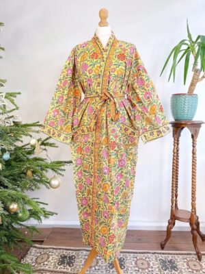 Pure Cotton Handprinted House Robe Botanical Kimono - Gardenia Floral Bloom l Beach Coverup/Comfy Maternity | Spring Soft Yellow Pink Orange - Image 2