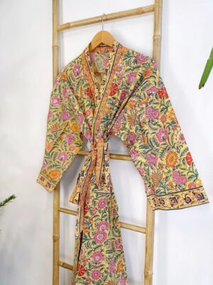 Pure Cotton Handprinted House Robe Botanical Kimono - Gardenia Floral Bloom l Beach Coverup/Comfy Maternity | Spring Soft Yellow Pink Orange - Image 3