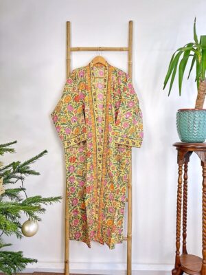 Pure Cotton Handprinted House Robe Botanical Kimono - Gardenia Floral Bloom l Beach Coverup/Comfy Maternity | Spring Soft Yellow Pink Orange - Image 4