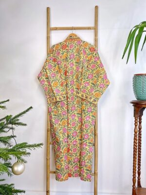 Pure Cotton Handprinted House Robe Botanical Kimono - Gardenia Floral Bloom l Beach Coverup/Comfy Maternity | Spring Soft Yellow Pink Orange - Image 5