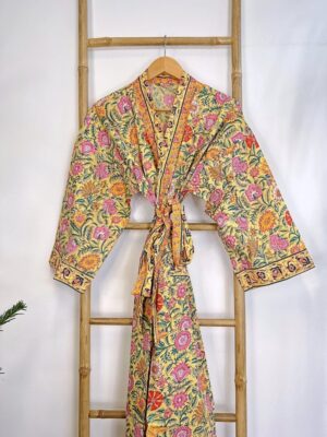 Pure Cotton Handprinted House Robe Botanical Kimono - Gardenia Floral Bloom l Beach Coverup/Comfy Maternity | Spring Soft Yellow Pink Orange - Image 6
