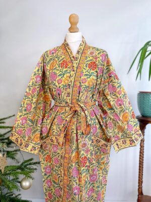 Pure Cotton Handprinted House Robe Botanical Kimono - Gardenia Floral Bloom l Beach Coverup/Comfy Maternity | Spring Soft Yellow Pink Orange - Image 7