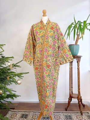 Pure Cotton Handprinted House Robe Botanical Kimono - Gardenia Floral Bloom l Beach Coverup/Comfy Maternity | Spring Soft Yellow Pink Orange - Image 8