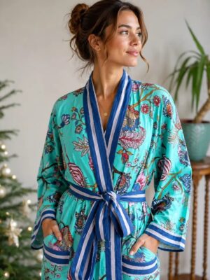 Pure Cotton Handprinted House Robe Tropical Kimono - Aqua Minty Ocean Turquoise Lovers Paradise Beach Coverup/Comfy Maternity | New Mom