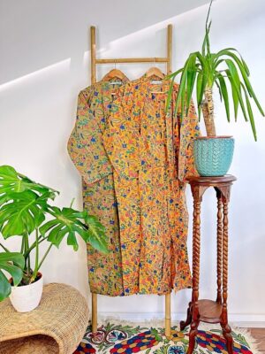 Pure Cotton Handprinted House Robe Summer Kimono | Floral Beach Coverup/Comfy Maternity Mom | Spring Mustard Yellow Orange Botanical Forest - Image 2