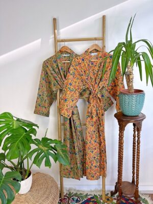 Pure Cotton Handprinted House Robe Summer Kimono | Floral Beach Coverup/Comfy Maternity Mom | Spring Mustard Yellow Orange Botanical Forest - Image 3
