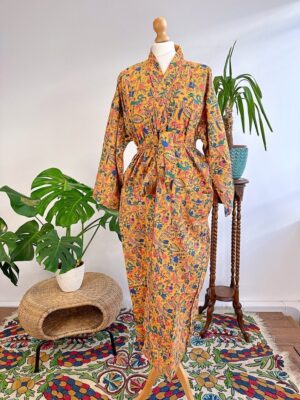 Pure Cotton Handprinted House Robe Summer Kimono | Floral Beach Coverup/Comfy Maternity Mom | Spring Mustard Yellow Orange Botanical Forest - Image 4