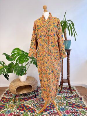 Pure Cotton Handprinted House Robe Summer Kimono | Floral Beach Coverup/Comfy Maternity Mom | Spring Mustard Yellow Orange Botanical Forest - Image 5