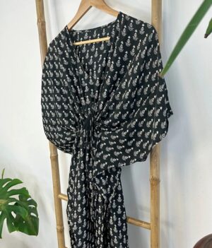 New Silk Blend Kaftan Boho Short Dress Luxury Lounge House Robe Beach Digital Print Flowy Gown Hen's Party Monochrome Black White Mini Motif - Image 4