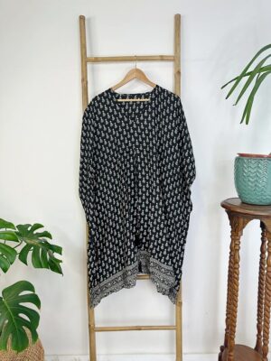 New Silk Blend Kaftan Boho Short Dress Luxury Lounge House Robe Beach Digital Print Flowy Gown Hen's Party Monochrome Black White Mini Motif - Image 6