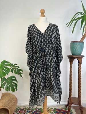 New Silk Blend Kaftan Boho Short Dress Luxury Lounge House Robe Beach Digital Print Flowy Gown Hen's Party Monochrome Black White Mini Motif - Image 7