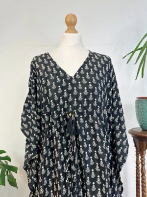 New Silk Blend Kaftan Boho Short Dress Luxury Lounge House Robe Beach Digital Print Flowy Gown Hen's Party Monochrome Black White Mini Motif - Image 8