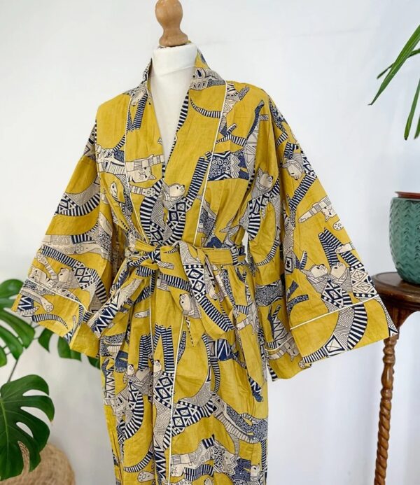 Pure Cotton Indian Block printed House Robe Summer Kimono | Floral Beach Coverup/Comfy Maternity Mom | Mustard Yellow Black Animal Cat Print