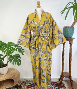 Pure Cotton Indian Block printed House Robe Summer Kimono | Floral Beach Coverup/Comfy Maternity Mom | Mustard Yellow Black Animal Cat Print - Image 2