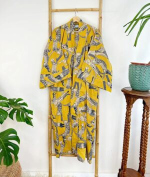 Pure Cotton Indian Block printed House Robe Summer Kimono | Floral Beach Coverup/Comfy Maternity Mom | Mustard Yellow Black Animal Cat Print - Image 3