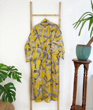 Pure Cotton Indian Block printed House Robe Summer Kimono | Floral Beach Coverup/Comfy Maternity Mom | Mustard Yellow Black Animal Cat Print - Image 4