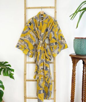 Pure Cotton Indian Block printed House Robe Summer Kimono | Floral Beach Coverup/Comfy Maternity Mom | Mustard Yellow Black Animal Cat Print - Image 5