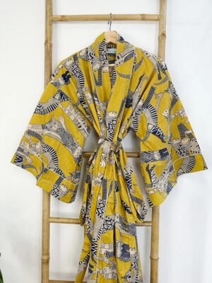 Pure Cotton Indian Block printed House Robe Summer Kimono | Floral Beach Coverup/Comfy Maternity Mom | Mustard Yellow Black Animal Cat Print - Image 6