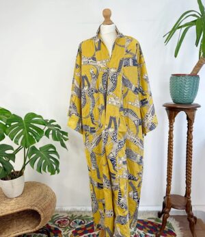 Pure Cotton Indian Block printed House Robe Summer Kimono | Floral Beach Coverup/Comfy Maternity Mom | Mustard Yellow Black Animal Cat Print - Image 7