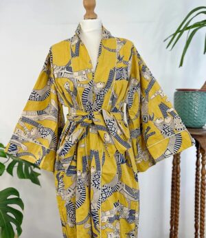Pure Cotton Indian Block printed House Robe Summer Kimono | Floral Beach Coverup/Comfy Maternity Mom | Mustard Yellow Black Animal Cat Print - Image 8