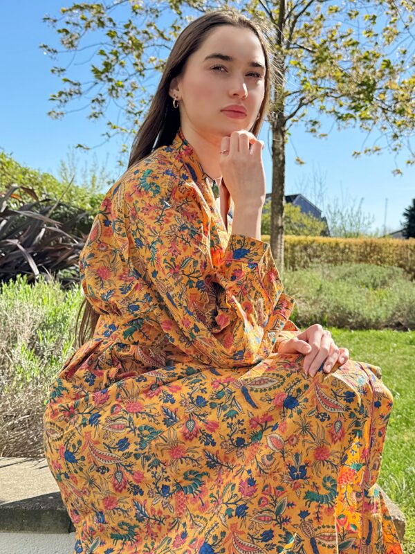 Pure Cotton Handprinted House Robe Summer Kimono | Floral Beach Coverup/Comfy Maternity Mom | Spring Mustard Yellow Orange Botanical Forest
