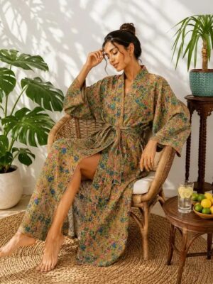 Pure Cotton Handprinted House Robe Summer Kimono | Floral Beach Coverup/Comfy Maternity Mom | Spring Olive Green Blue Peach Botanical Forest