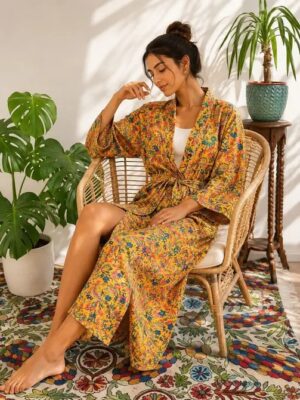 Pure Cotton Handprinted House Robe Summer Kimono | Floral Beach Coverup/Comfy Maternity Mom | Spring Mustard Yellow Orange Botanical Forest
