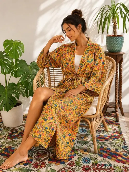 Pure Cotton Handprinted House Robe Summer Kimono | Floral Beach Coverup/Comfy Maternity Mom | Spring Mustard Yellow Orange Botanical Forest