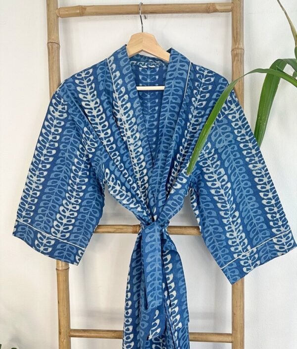 Pure Cotton Indigo Handprinted House Robe Summer Kimono | Floral Beach Coverup/Comfy Maternity Mom | Indigo Mughal Motif