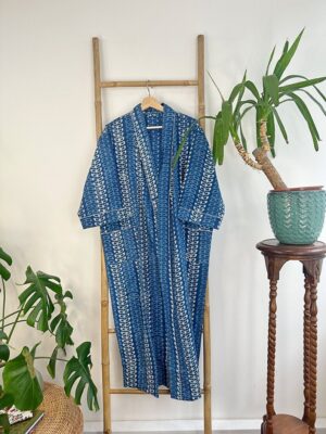 Pure Cotton Indigo Handprinted House Robe Summer Kimono | Floral Beach Coverup/Comfy Maternity Mom | Indigo Mughal Motif - Image 2