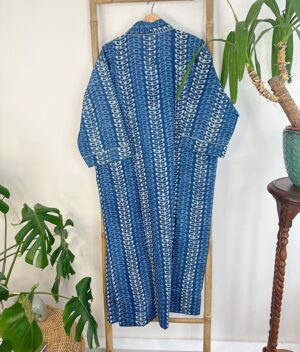 Pure Cotton Indigo Handprinted House Robe Summer Kimono | Floral Beach Coverup/Comfy Maternity Mom | Indigo Mughal Motif - Image 3