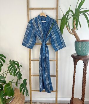 Pure Cotton Indigo Handprinted House Robe Summer Kimono | Floral Beach Coverup/Comfy Maternity Mom | Indigo Mughal Motif - Image 4
