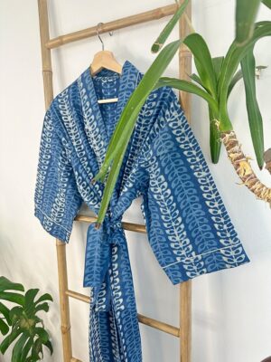 Pure Cotton Indigo Handprinted House Robe Summer Kimono | Floral Beach Coverup/Comfy Maternity Mom | Indigo Mughal Motif - Image 5
