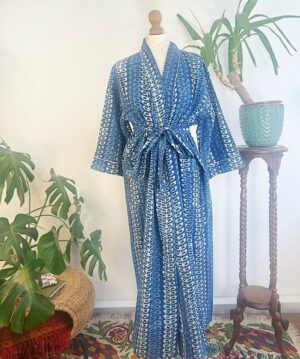 Pure Cotton Indigo Handprinted House Robe Summer Kimono | Floral Beach Coverup/Comfy Maternity Mom | Indigo Mughal Motif - Image 6