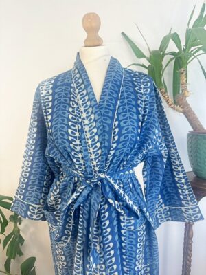 Pure Cotton Indigo Handprinted House Robe Summer Kimono | Floral Beach Coverup/Comfy Maternity Mom | Indigo Mughal Motif - Image 7