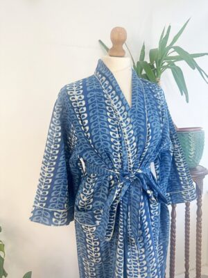 Pure Cotton Indigo Handprinted House Robe Summer Kimono | Floral Beach Coverup/Comfy Maternity Mom | Indigo Mughal Motif - Image 8
