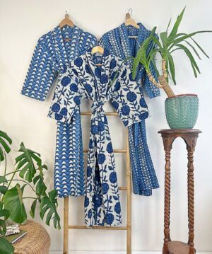 Pure Cotton Indigo Handprinted House Robe Summer Kimono | Floral Beach Coverup/Comfy Maternity Mom | Indigo Mughal Motif - Image 9