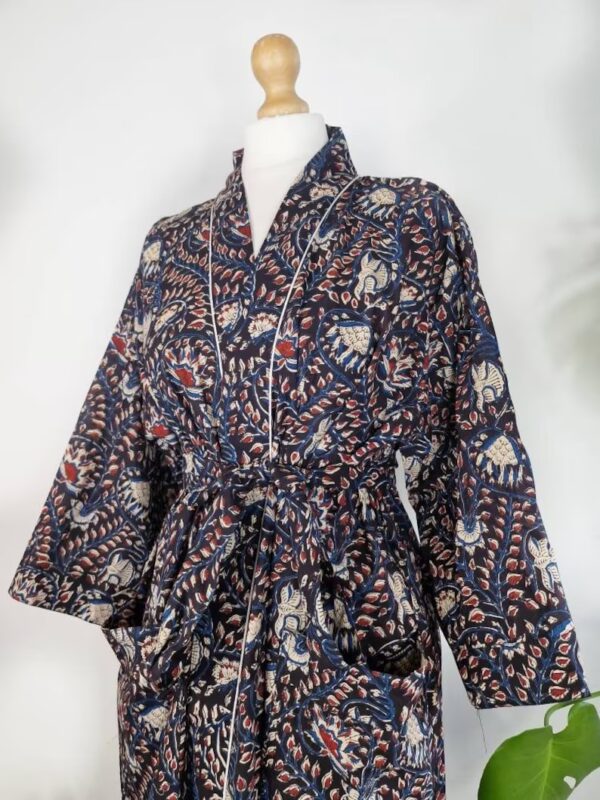 Pure Cotton Indian Block printed House Robe Summer Kimono | Floral Beach Coverup/Comfy Maternity Mom | Bagru Beige Blue Red Twirl Leaves