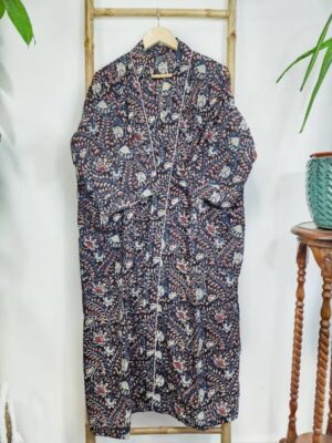 Pure Cotton Indian Block printed House Robe Summer Kimono | Floral Beach Coverup/Comfy Maternity Mom | Bagru Beige Blue Red Twirl Leaves - Image 2
