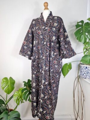 Pure Cotton Indian Block printed House Robe Summer Kimono | Floral Beach Coverup/Comfy Maternity Mom | Bagru Beige Blue Red Twirl Leaves - Image 3