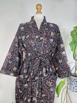 Pure Cotton Indian Block printed House Robe Summer Kimono | Floral Beach Coverup/Comfy Maternity Mom | Bagru Beige Blue Red Twirl Leaves - Image 4