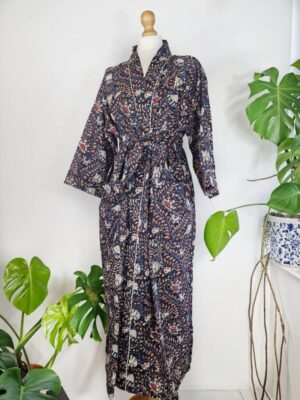 Pure Cotton Indian Block printed House Robe Summer Kimono | Floral Beach Coverup/Comfy Maternity Mom | Bagru Beige Blue Red Twirl Leaves - Image 5