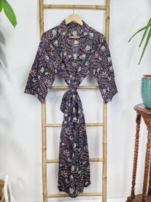 Pure Cotton Indian Block printed House Robe Summer Kimono | Floral Beach Coverup/Comfy Maternity Mom | Bagru Beige Blue Red Twirl Leaves - Image 6