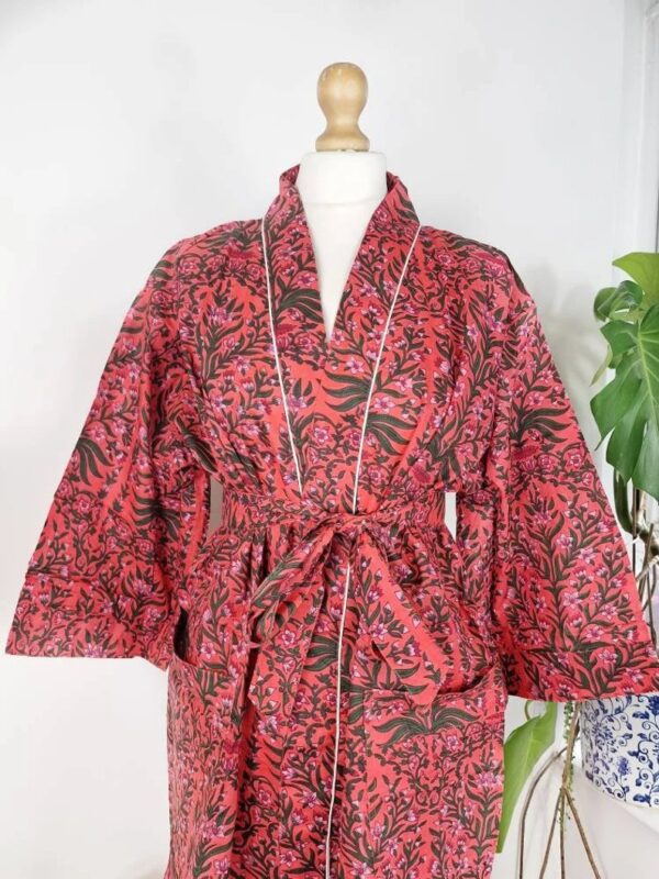 Pure Cotton Indian Block printed House Robe Summer Kimono | Floral Beach Coverup/Comfy Maternity Mom | Deep Rose Orange Green Mughal Leaves
