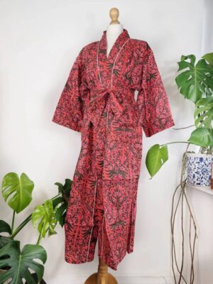 Pure Cotton Indian Block printed House Robe Summer Kimono | Floral Beach Coverup/Comfy Maternity Mom | Deep Rose Orange Green Mughal Leaves - Image 2